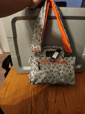 NWT Tahari Gray Leopard Satchel Orange Strap Zip Closure Silver Hardware